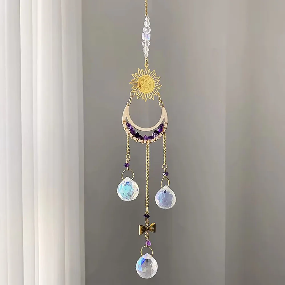 Custom Amethyst Sun & Moon Sun Catcher Wind Chime - Crystal Hanging Ornament for Window Home Decor & Gift