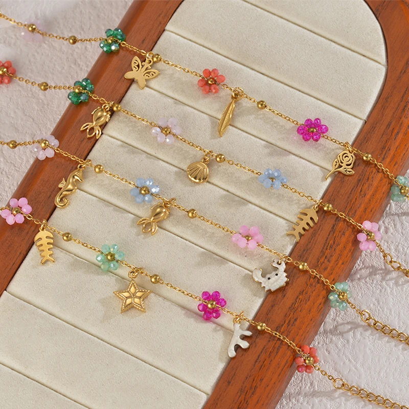 Letdiffery Colorful Flower Chain Bracelets for Women Stainless Steel Rose Starfish Seashell Pendant Bracelet Beach Jewelry Gifts