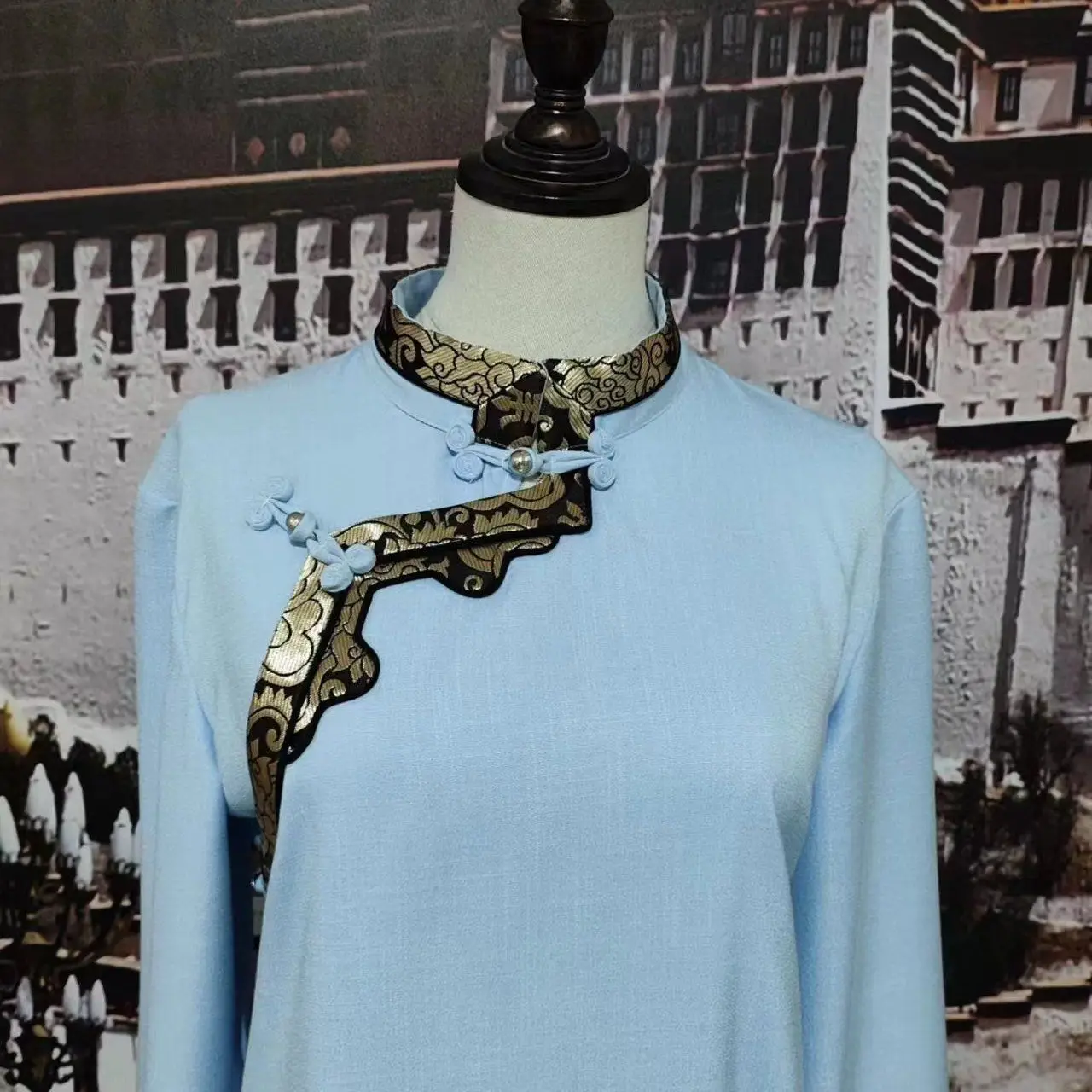 2024 티베트 신상 스탠드 칼라 긴팔 셔츠 남녀 동일 상의