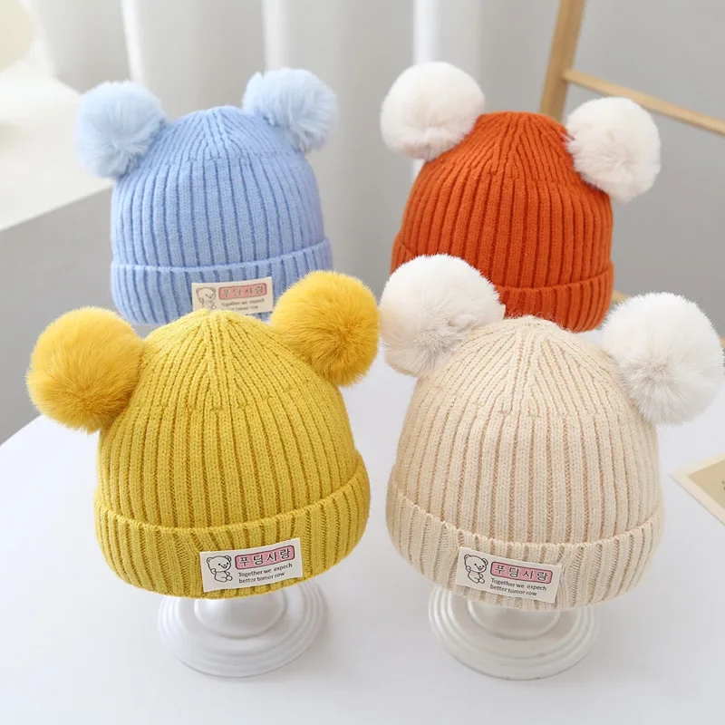 Gorro de punto con pompón para niños y niñas, gorro cálido de Color sólido, accesorios de invierno