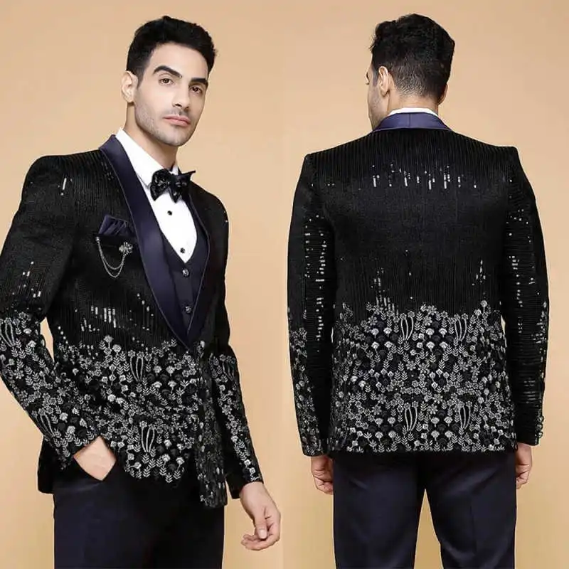 Shiny Suits for Men 2 Pieces Blazer Pants Luxury Single Breasted Groom Tuxedos Sequin Rhinestone Male Suit Wedding Customized