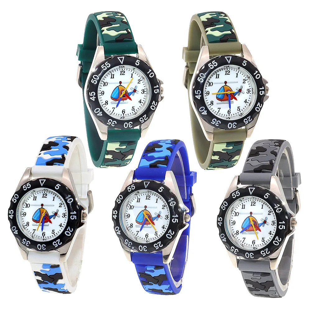 5Pcs Cartoon Quartz Watches for Boys and Girls Camouflage Silicone Strap Digital Wristwatch Children's Gift Students