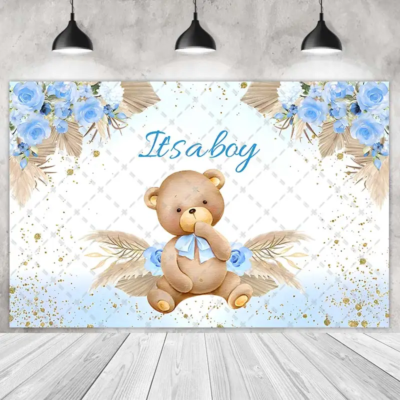 Décors de fête d\'ours brun pour enfants, photographie d\'anniversaire pour enfants, bleu Smash, fond de fleurs roses, prise de vue personnalisée,