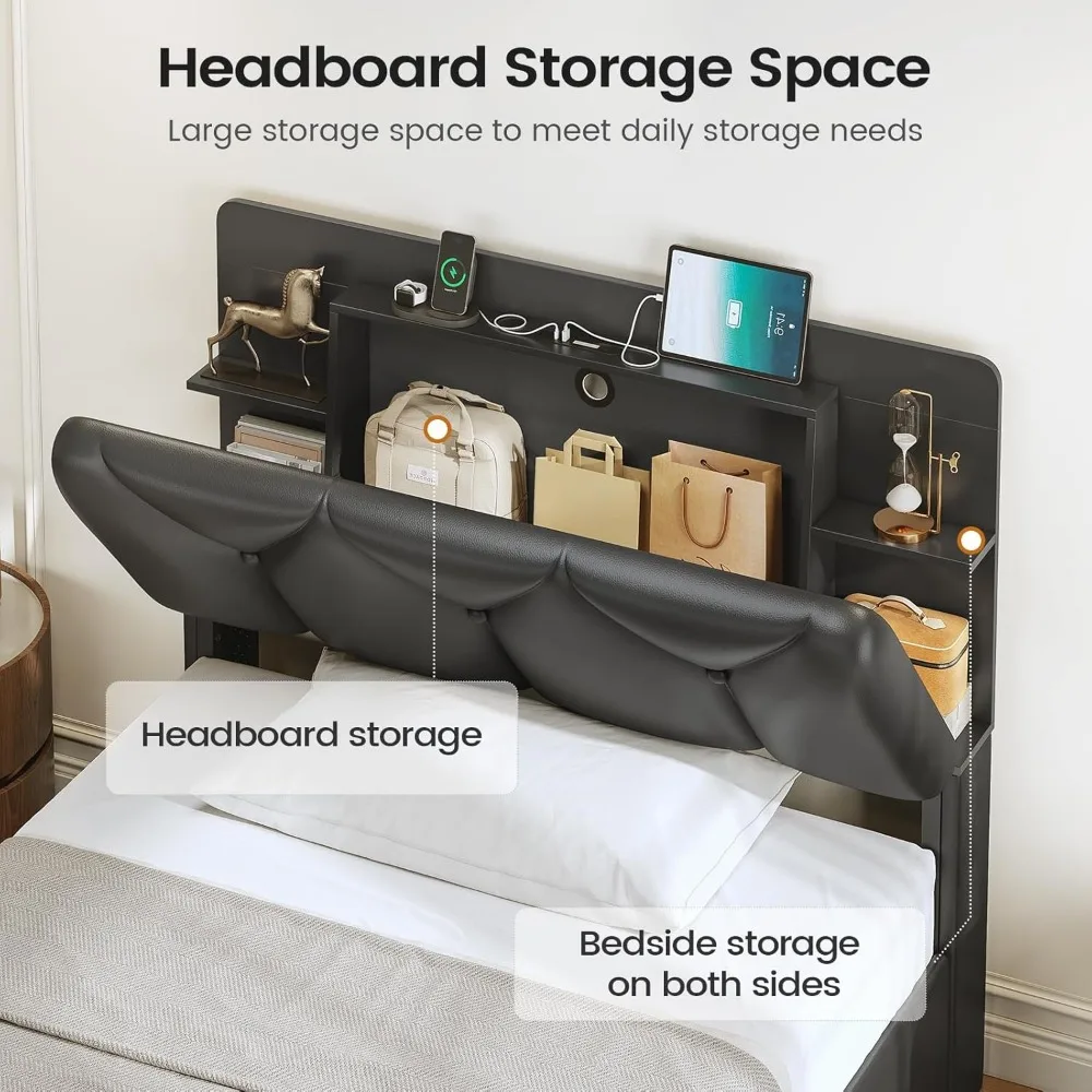 إطارات سرير مع لوح رأسي للتخزين المخفي المائل وأدراج مع قاعدة شحن، وإطار سرير منجد باللون الأسود