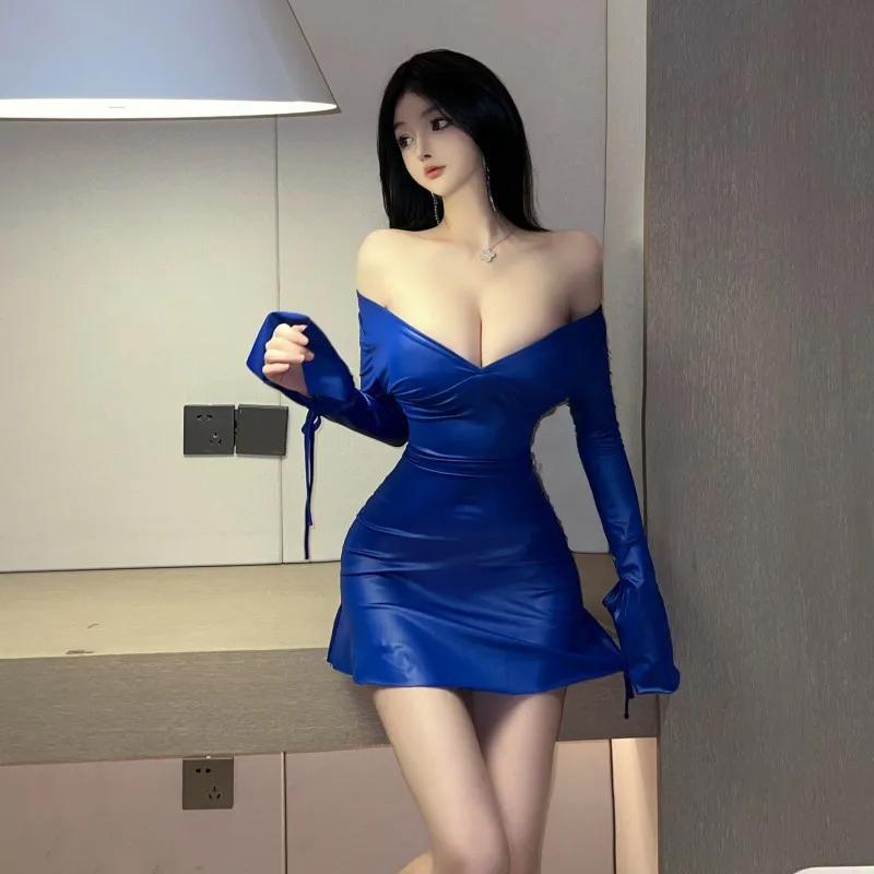 European and American Sexy Hot Girl V-neck Small Waist-Controlled Long Sleeves off-the-Shoulder Dress