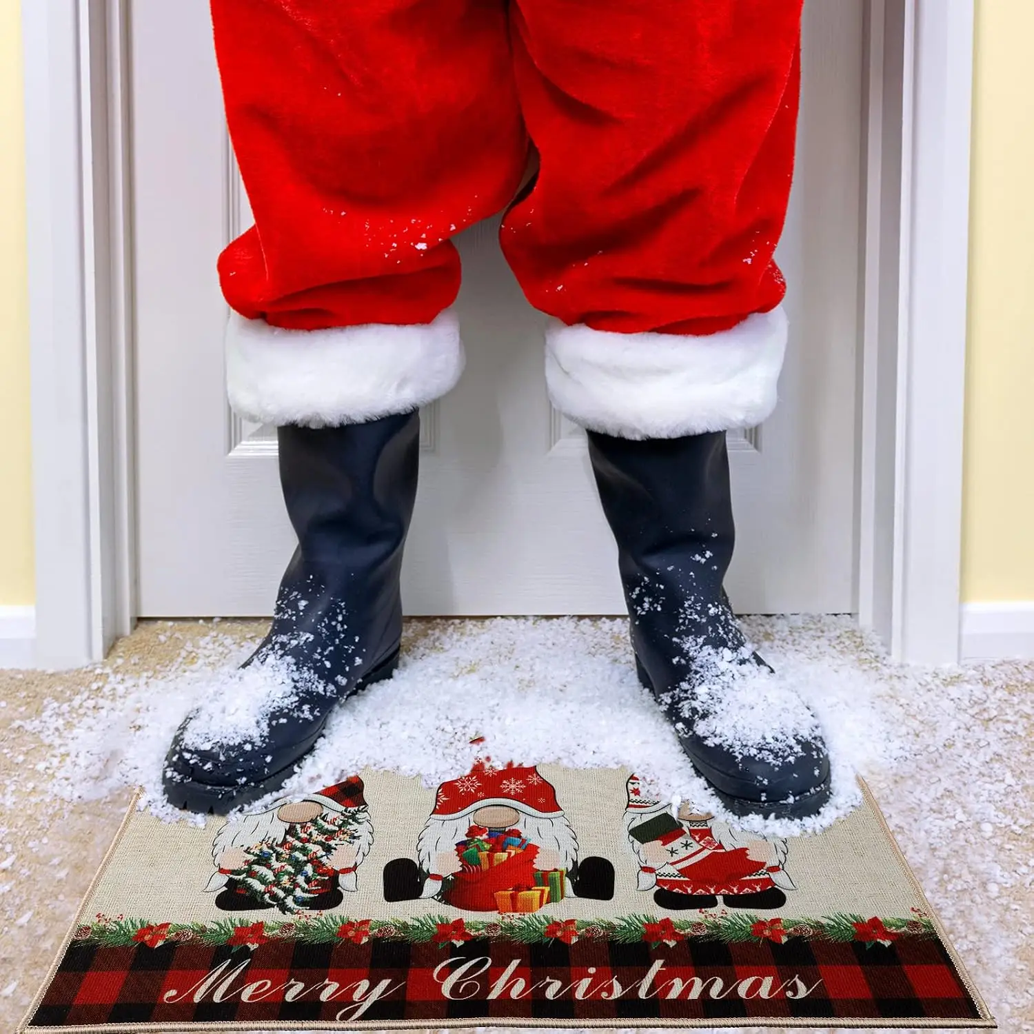 VIKAMA عيد ميلاد سعيد جنوم ترحيب ممسحة الأحمر الجاموس منقوشة الكلمة حصيرة عدم الانزلاق قابل للغسل منطقة البساط لمدخل المنزل الديكور #4