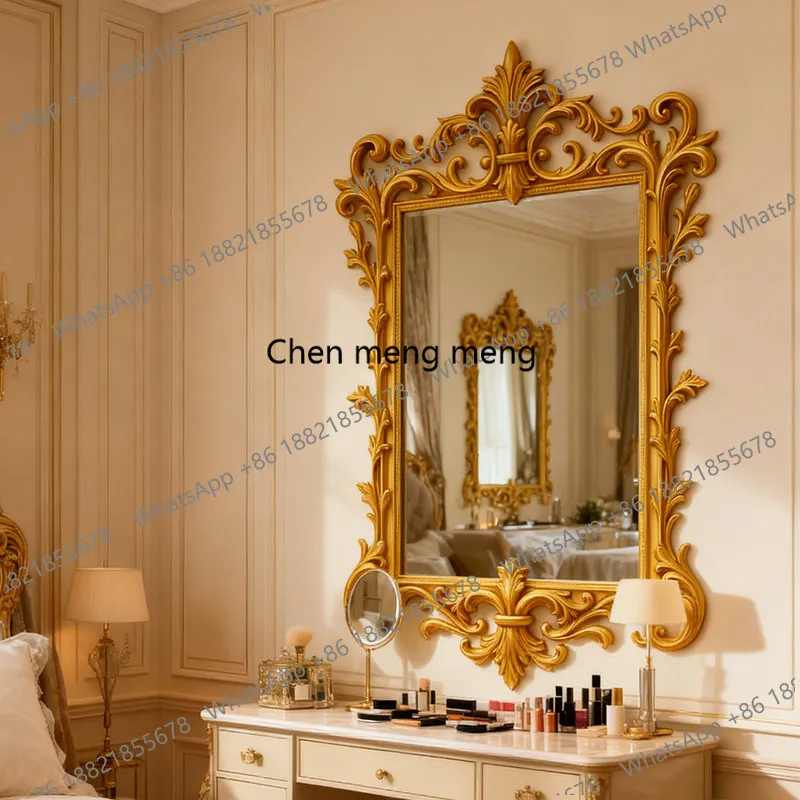 Retro gold carved fireplace mirror European living room fireplace wall art multi-purpose picture hanging mirror