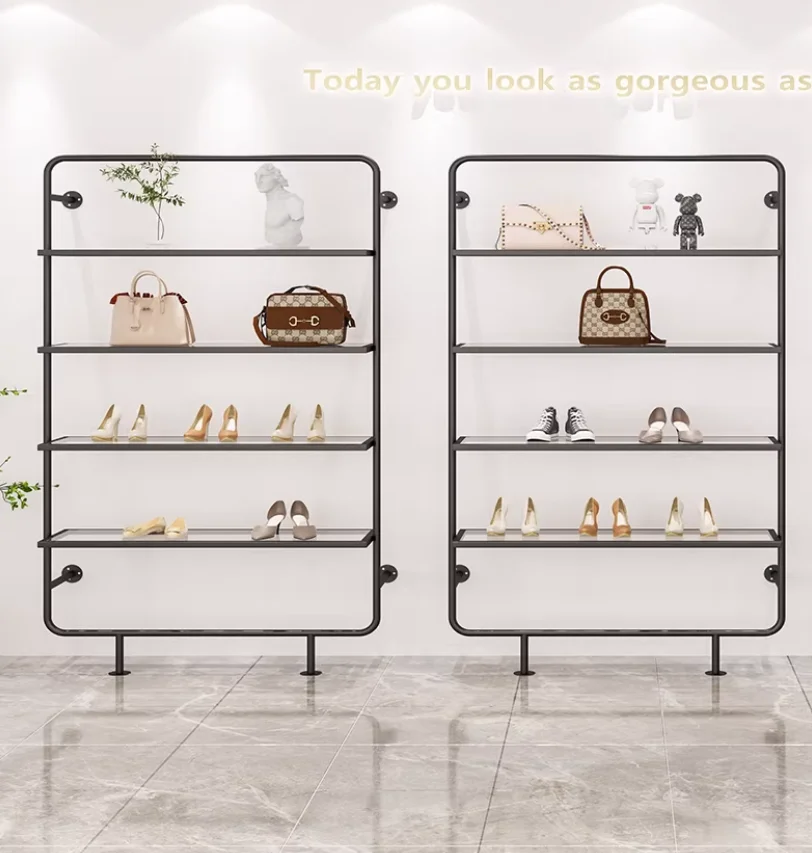 

Стеллаж для обуви и одежды Hangerclothing Store: многоярусная напольная витрина из кованого железа и акрила для женской одежды и сумок