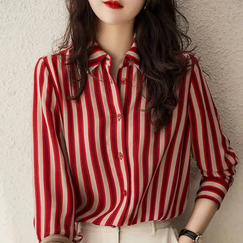 Polo Shirts for Women\'s Fashionable Retro Style V-neck Striped Printed Long Sleeved Top Korean Women\'s Clothing polos mujer