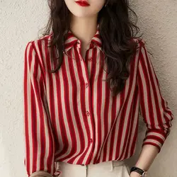 Polo Shirts for Women's Fashionable Retro Style V-neck Striped Printed Long Sleeved Top Korean Women's Clothing polos mujer