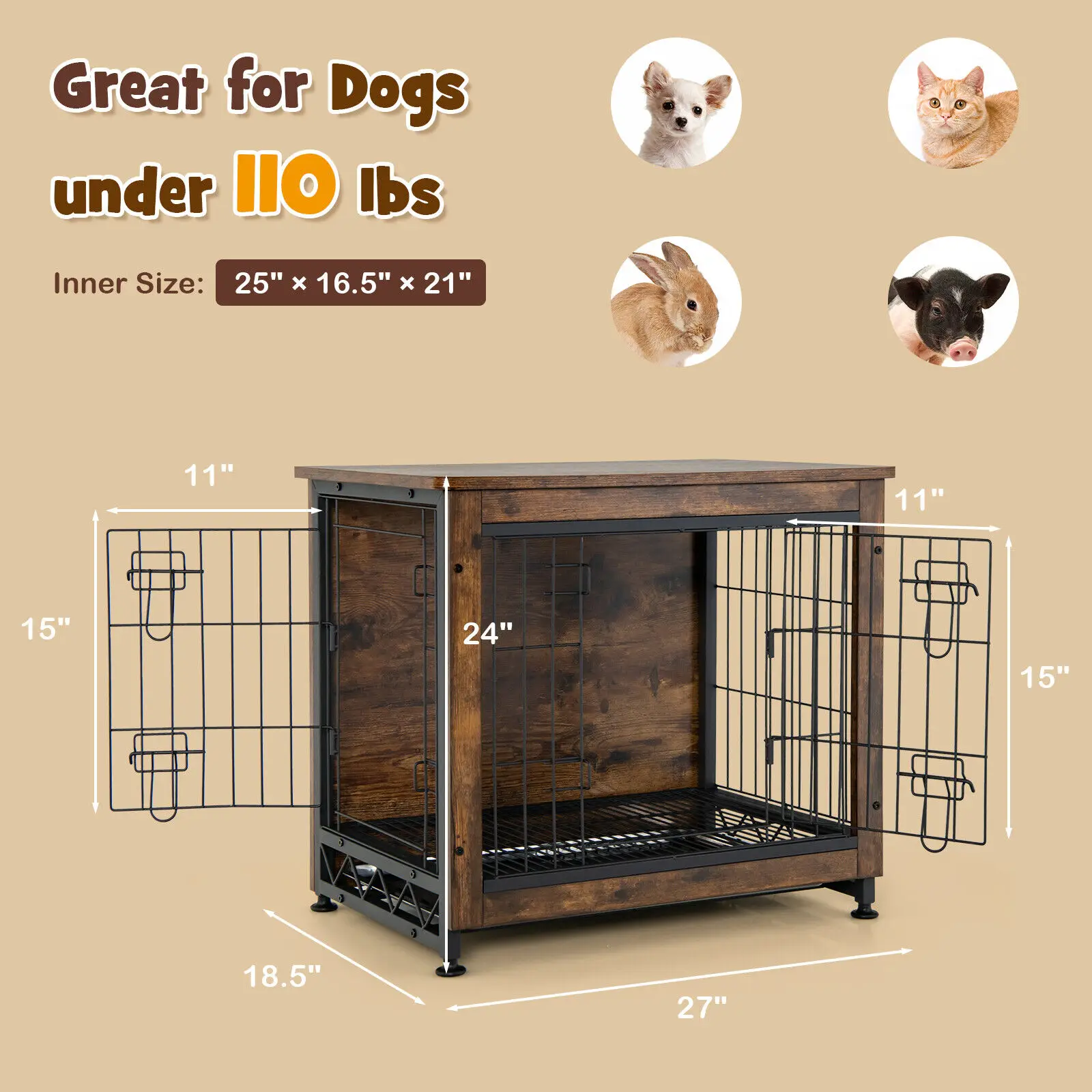 Costway Wooden Dog Crate Furniture with Tray Double Door Dog Kennels End Table