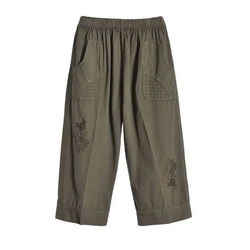 

Women's Capris Pants 2025 Summer Fashion Pocket Embroidery Casual Comfortable High Waist Loose Daily Calf-Length Pants