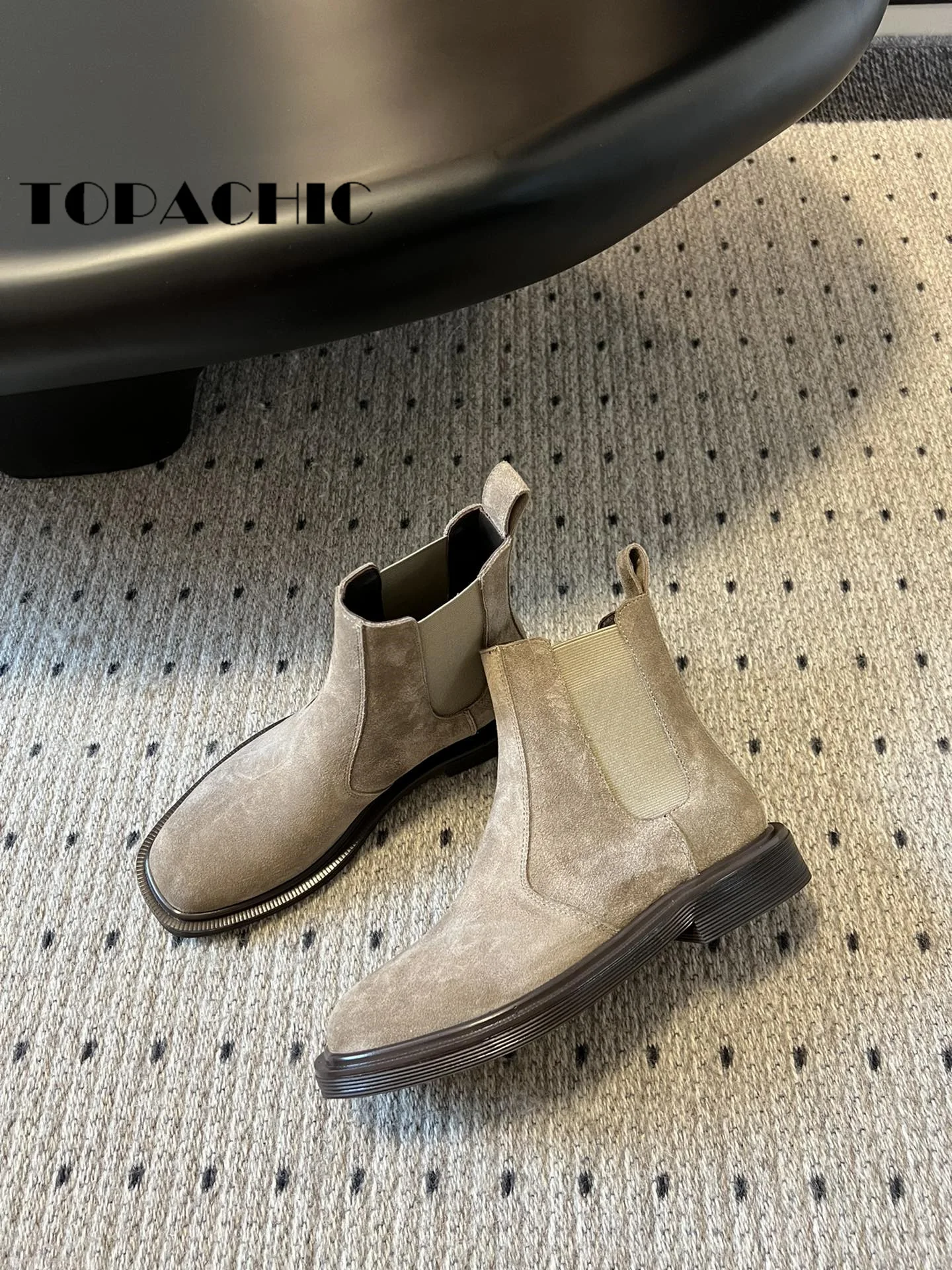 9.15 TOPACHIC-Kobiety Vintage Fashion Cow Suede Square Toe Chelsea Boots Klasyczne elastyczne łączenie butów z prawdziwej skóry