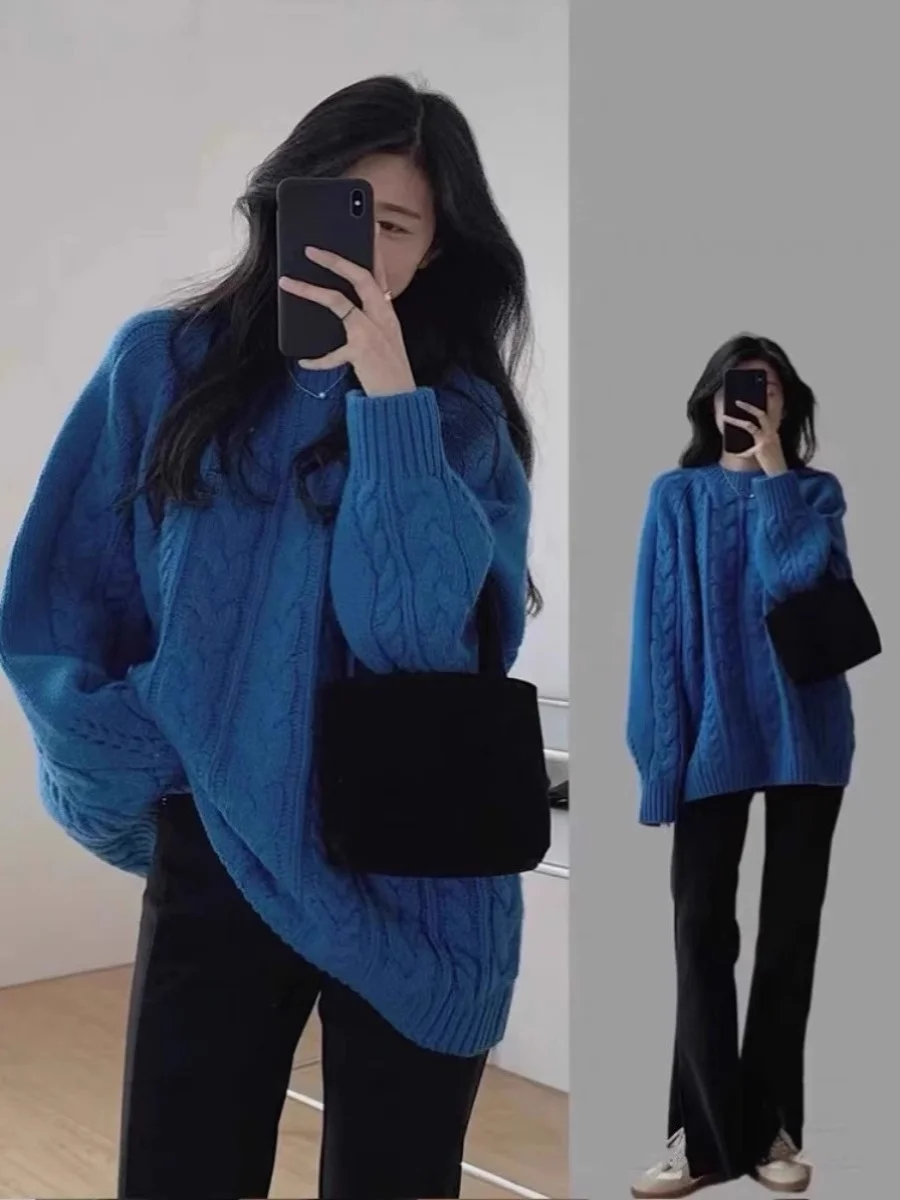 

Уютный ленивый сарафан, осенне-зимний трикотаж, женский круглый пуловер Ne, винтажный свободный спиральный дизайн, элитный синий топ Klein