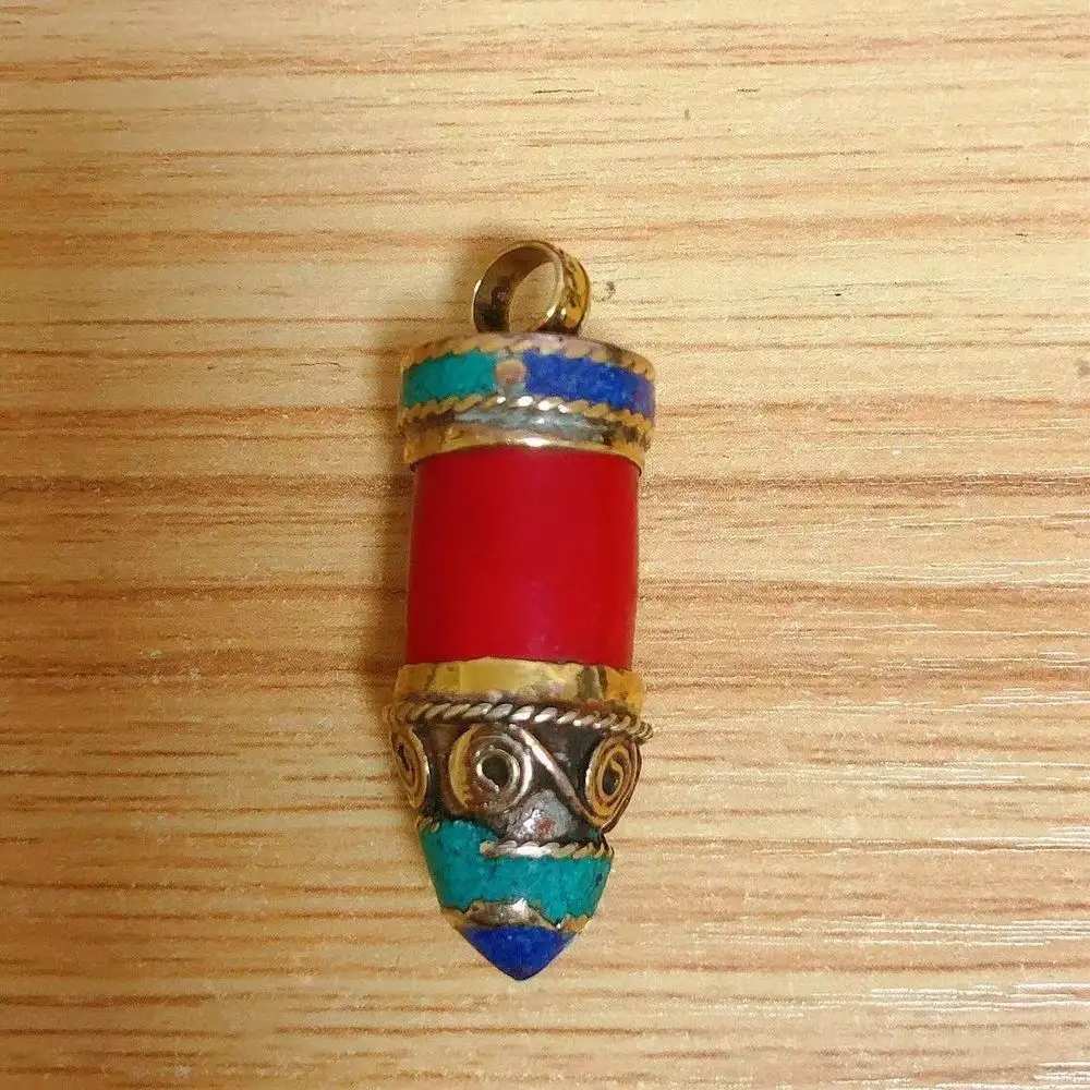 

PN167 Tribal Tibetan Pendant Handmade Nepal Brass Inlaid Colorful Stone Bullet Pendant Necklace