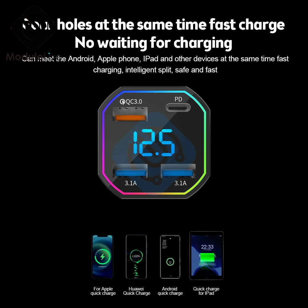 20W 4 Ports USB Car Charger Fast Charging PD Quick Charge QC 3.0 3.1A USB C  Car Phone Charger Adapter LED Voltmeter DC 12V 24V