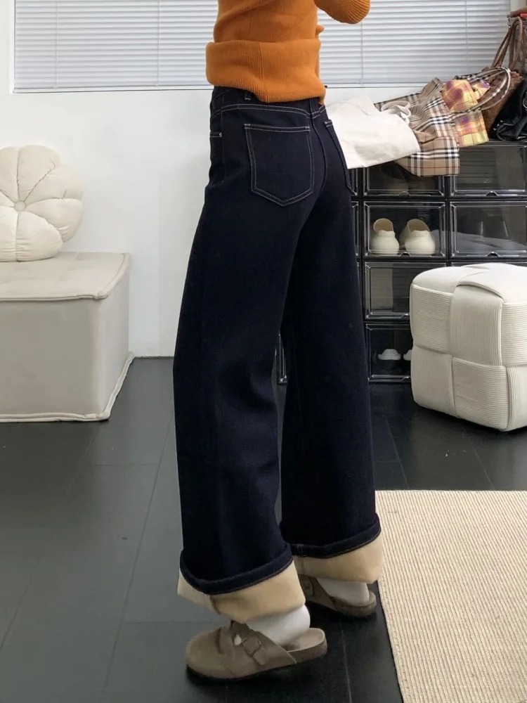 

Большие размеры, американские расклешенные джинсы с подкладкой Fce, женские осенне-зимние свободные не обтягивающие леггинсы, универсальные...