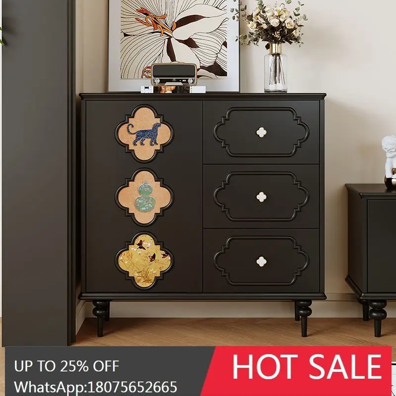 

HLZ Solid Wood Sideboard Wall-Mounted Integrated Storage Cabinet Small Apartment Black Retro Light Luxury Partition Cabinet