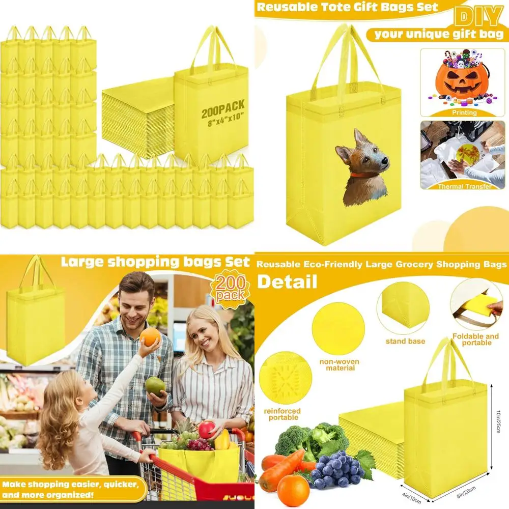 ถุงผ้าแบบใช้ซ้ำได้ แพ็ค 200 ใบ ขนาด 8x4x10 นิ้ว ถุงช้อปปิ้งแบบไม่ทอพร้อมหูหิ้ว เหมาะสำหรับใส่ของชำและของขวัญ น้ำหนักเบา