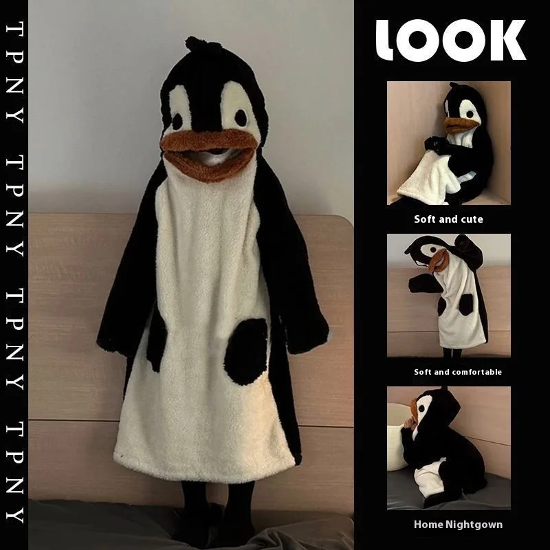 Cartoon Hooded Plush Fur Pajamas Little Penguin Winter New Pattern Home Furnishing Coral Fleece Thickening Girl Sleeping Skirt