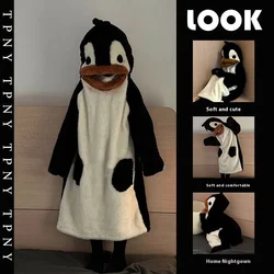 Cartoon Hooded Plush Fur Pajamas Little Penguin Winter New Pattern Home Furnishing Coral Fleece Thickening Girl Sleeping Skirt