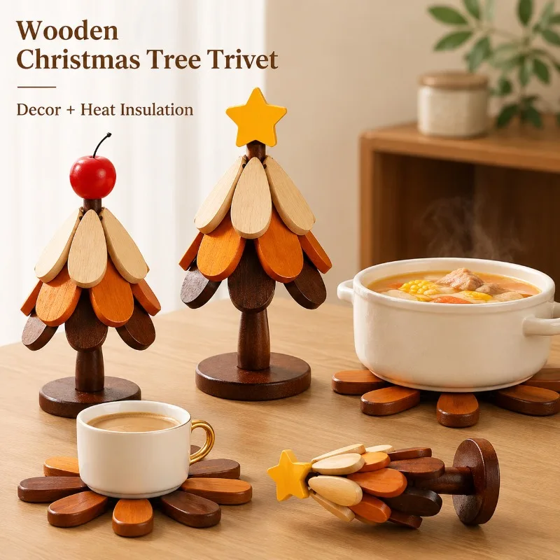 Solid Wood Christmas Tree Trivet, Foldable Heat Resistant Pot Mat for Cups Bowls Pans, Wooden Coaster and Tabletop Decor