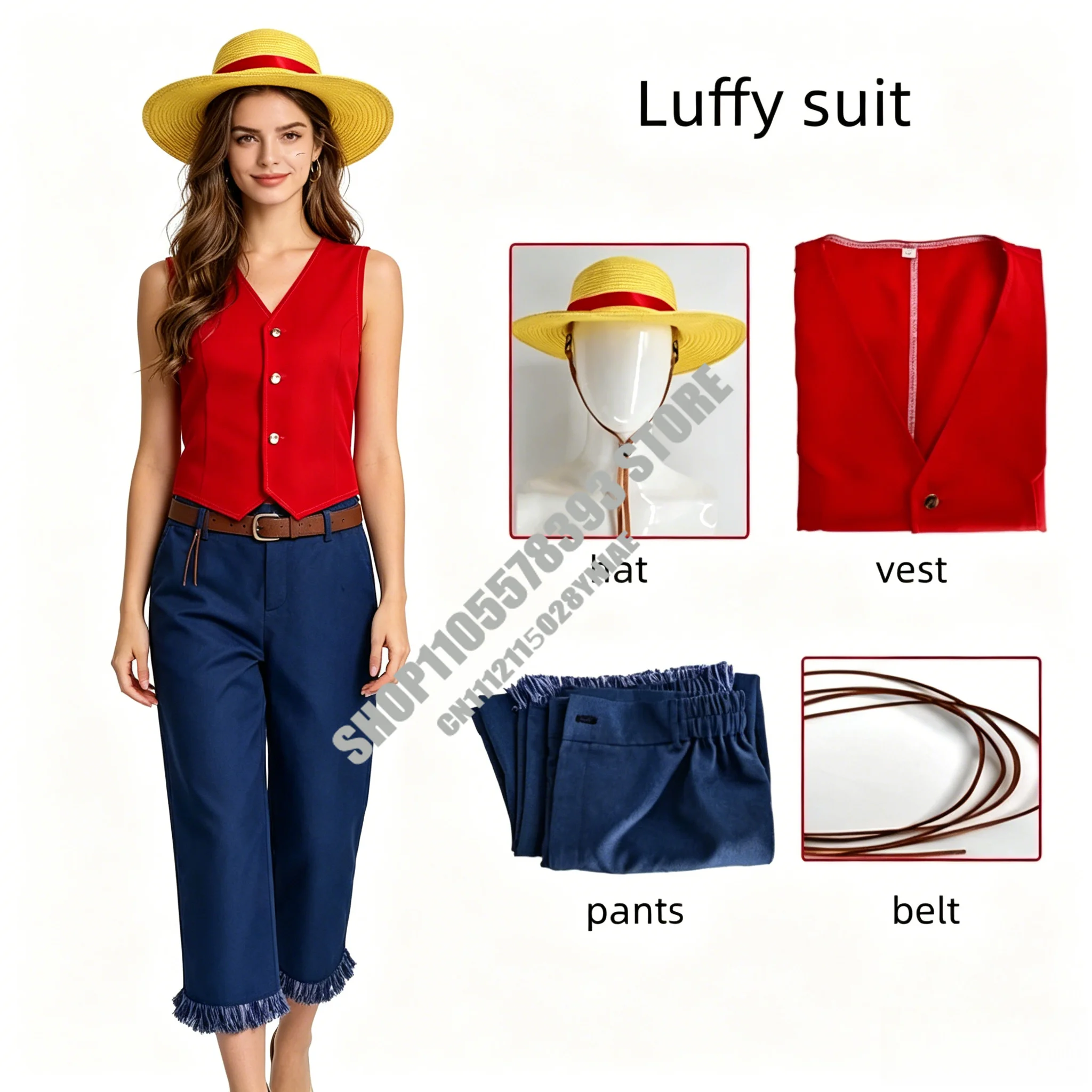 

Anime ONE Pick Sun God Luffy Love Nami Cosplay Costumes in life Luffy Cosplay Red Suits Hat For Kids Boys Halloween Carnival