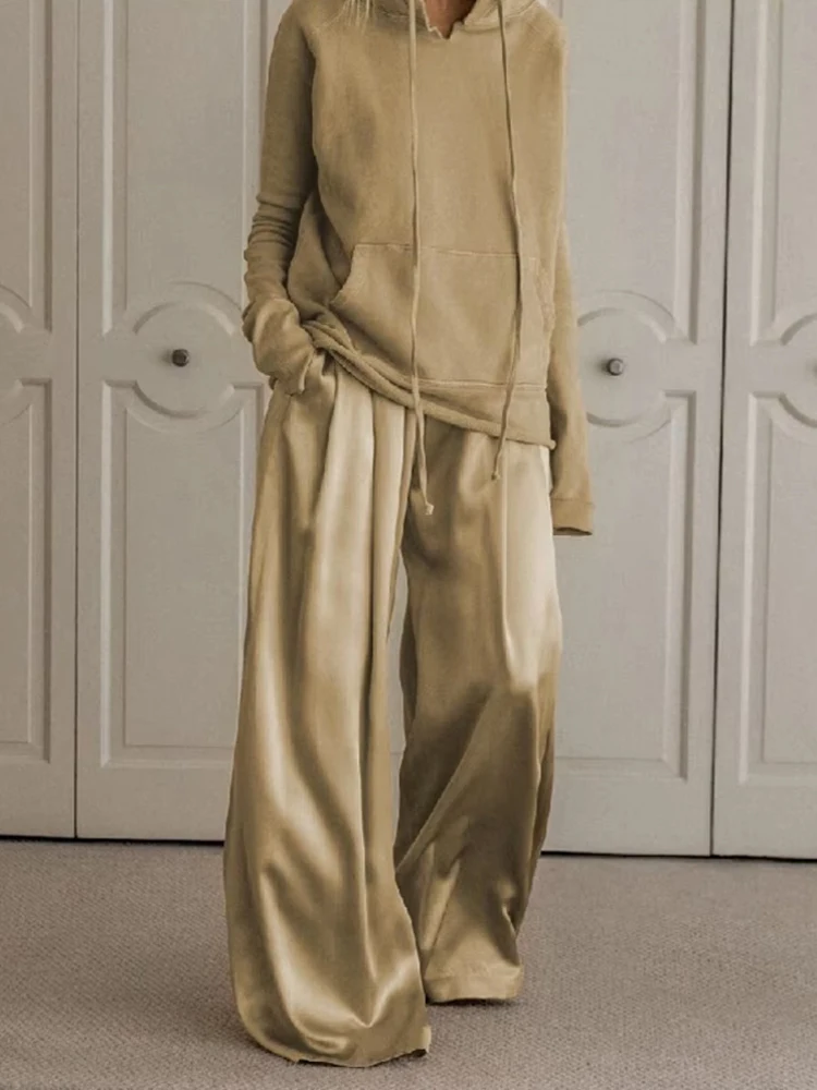 

2025 Autumn Fashion Suit for Women Drawstring Hooded Sweatshirt and High Waist Wide Leg Pants Casual Pant Sets