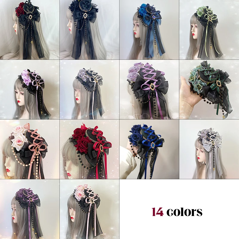 Lolita hoofdtooi gotische donkere elegante platte hoed strik kleine hoed met kralenketting anime meid cosplay hoofdband haaraccessoires