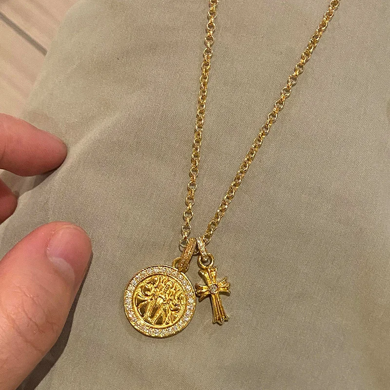 Chinese Style Lucky Blessing Gold Plated Cubic Zirconia Inlaid Compass Cross Pendant Necklace Fashion Dainty Jewelry For Women