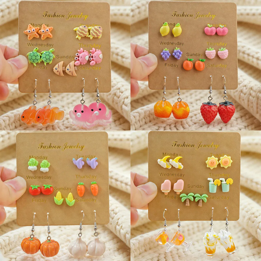 7Pairs Women Dopamine Sweet Girl Stud Earrings Set, Cute Cartoon Simulation Jewelry, Fun Fruit, Vegetable Ocean Shaped Earrings