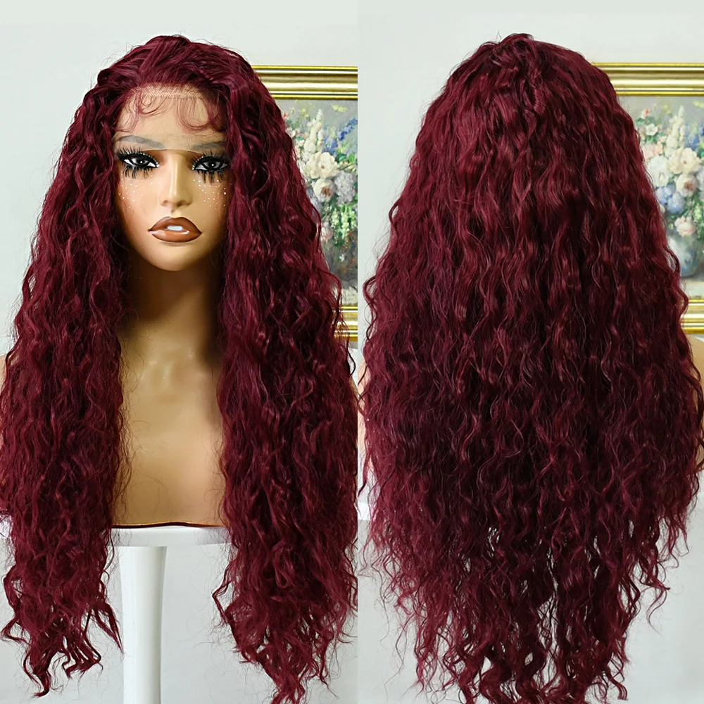 بورجوندي الأحمر الدانتيل شعر مستعار أمامي للنساء السود 13x4 طويل موجة عميقة بيروكات صناعية مع شعر الطفل ألياف مقاومة للحرارة غلويليس