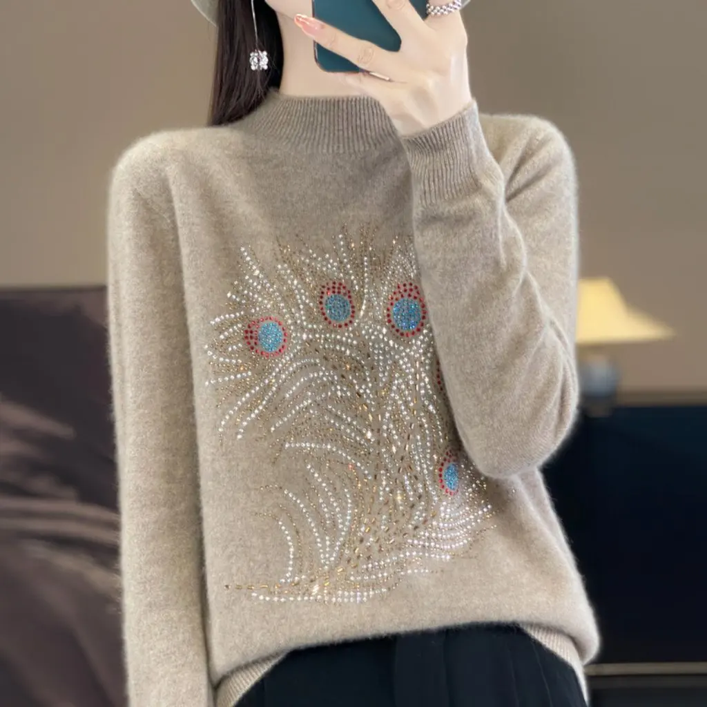 

Women's Elegant Semi-high Collar Pullover Knitted Sweater Heavy Industry Style Loose Slim Fit for Autumn Winter Fashion