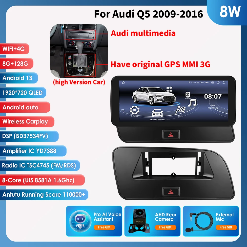 10,25-Zoll-Autoradio mit Carplay und Android Auto für Audi Q5 2009-2016, Multimedia-Videoplayer, 4G Carplay, GPS-Navigation, Stereo-Audio, 2-DIN, RDS, DSP, Headunit-Bildschirm