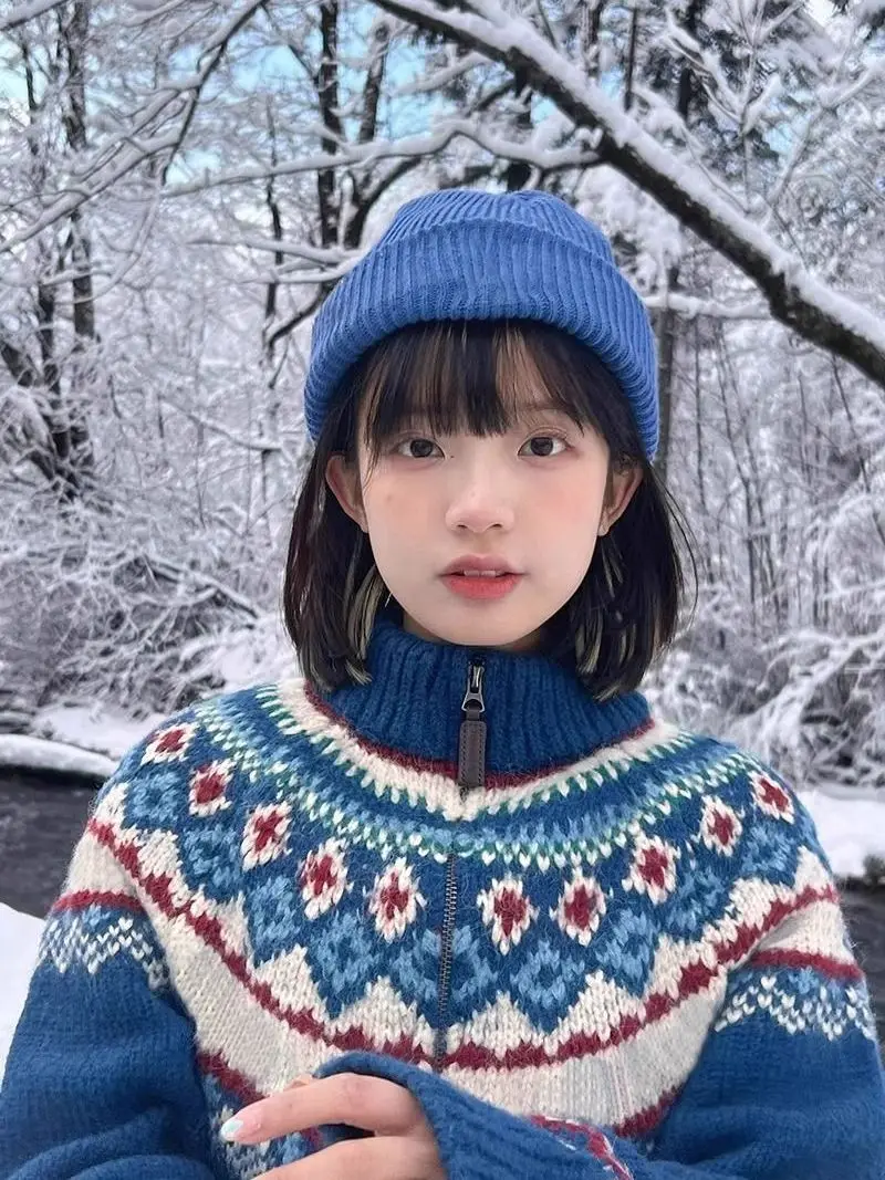 Vintage Blue Fair Isle Aesthetic Sweaters for Girls Turtleneck Zipper Cardigan Coats Women Winter Outdoor Jackets Loose Harajuku