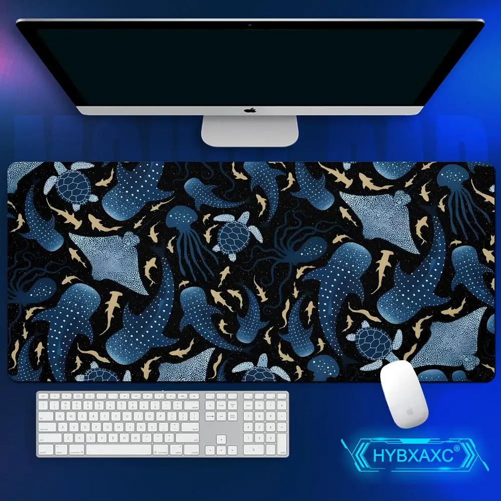 Turtle & Jellyfish Mouse Pad Cute Whale Shark Pattern HD Print Extended Gaming Keyboard Mat Large 90x40 Blue Ocean Life Mousepad