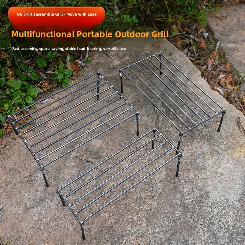 Handmade Welded BBQ Grill Square Outdoor Camping Fish Roasting Iron Frame Stall Firewood Burning Stand T-Shirt Men's Fashion