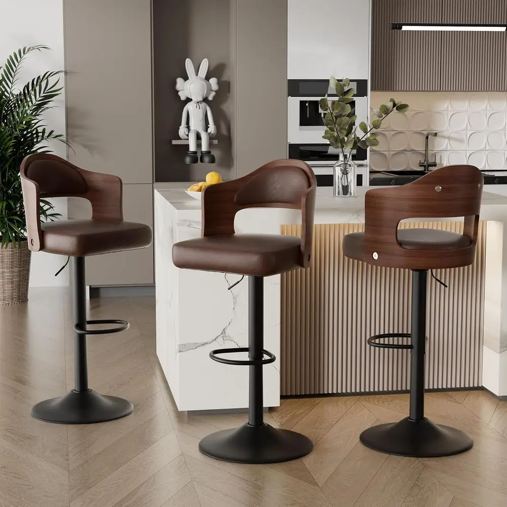

Set of 3 Wooden Upholstered PU Leather Swivel Bar Stools with Backrest and Footrest, Adjustable Height 24.5-33.5, Ideal for Coun