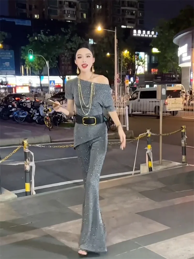 

2025 Summer New Fashion Temperamente Heavy Industry Shining Off Shoulder Short Sleeve Top+Micro Pull up Pants for Women