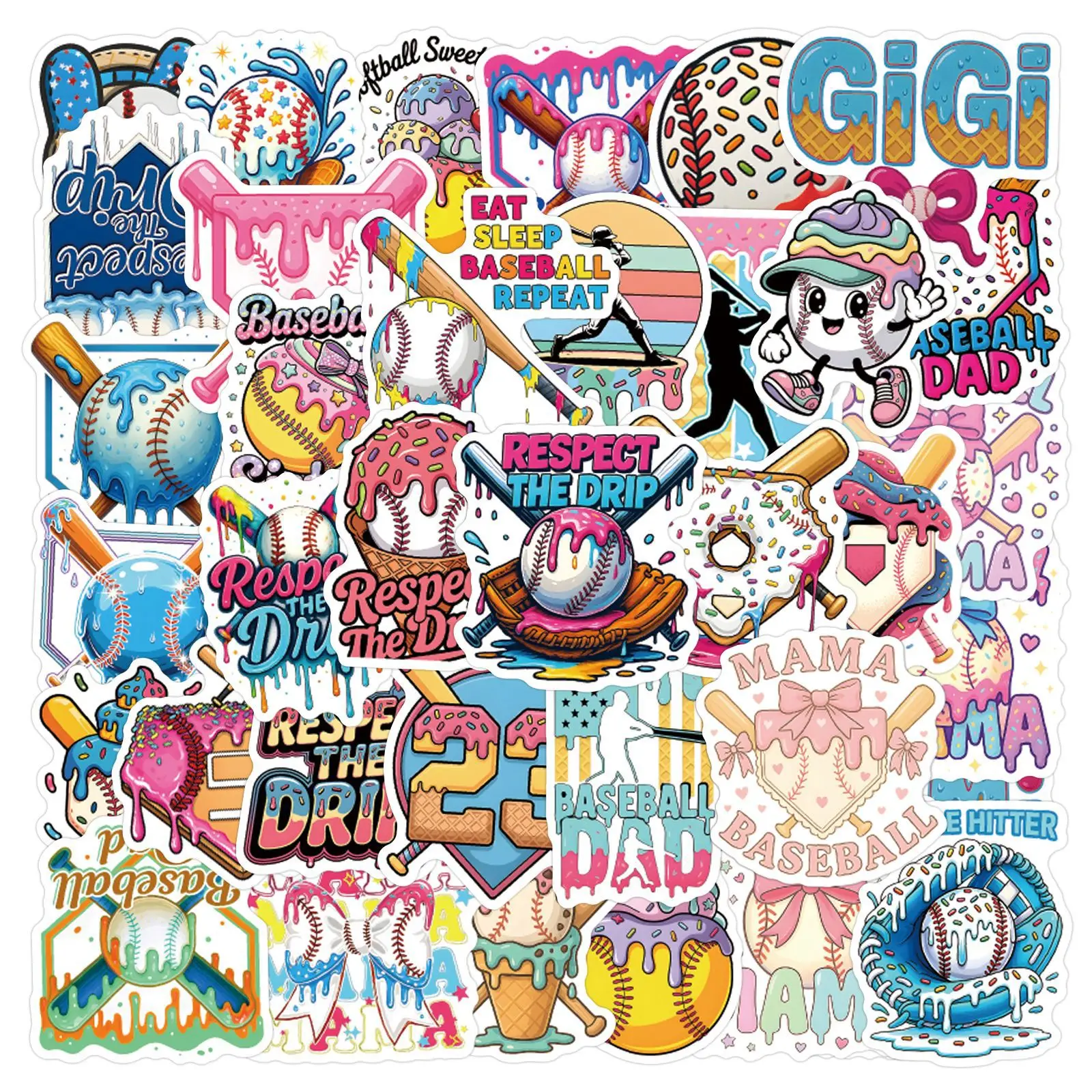 

50PCS Cartoon Cute Ice Cream Drip Baseball Graffiti Stickers Creative DIY Helmet Skateboard Motorcycle Waterproof Stickers Toys