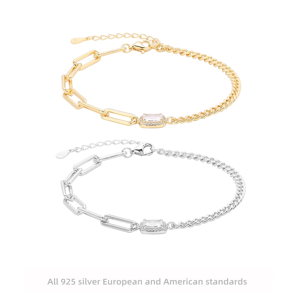 

Корейский элегантный женский браслет из стерлингового серебра 925 пробы, квадратный циркон, легкий роскошный нишевый дизайн, универсальные украшения