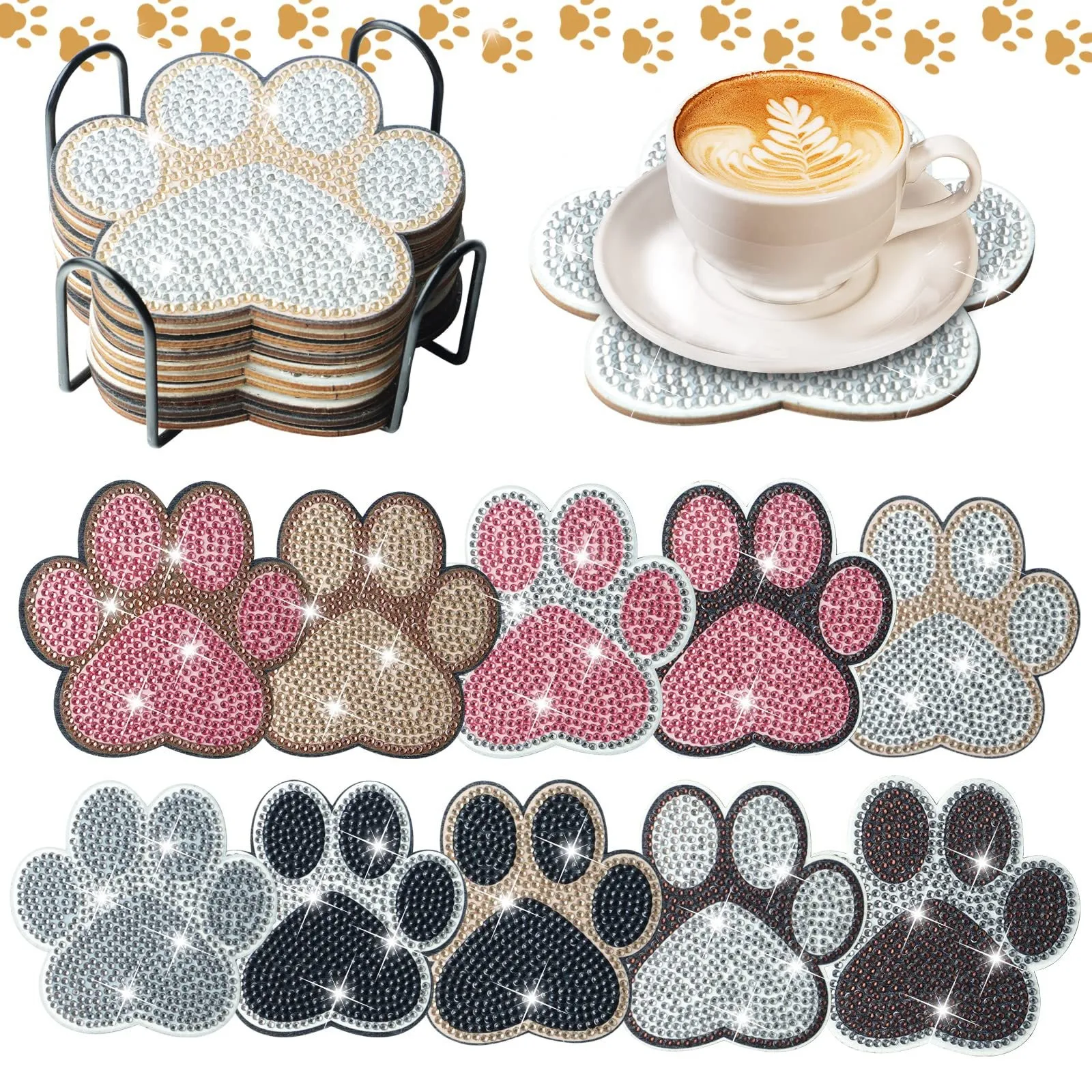 GATYZTORY 10Pcs/Set DIY Diamond Painting Coaster Cup Mat Animal Paw Handmade Diamond Drill Point Coasters Crystal Rhinestone