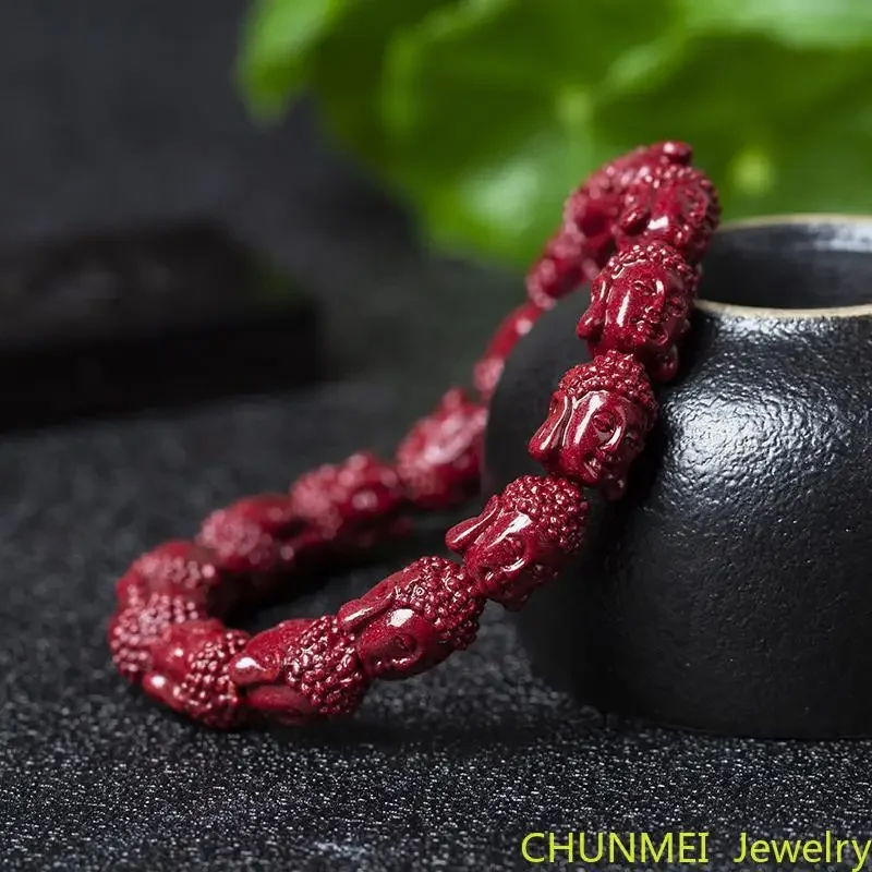 Pulsera de Cabeza de Buda de cinabrio Natural, hecha a mano, garantía anual de 96% de alto contenido