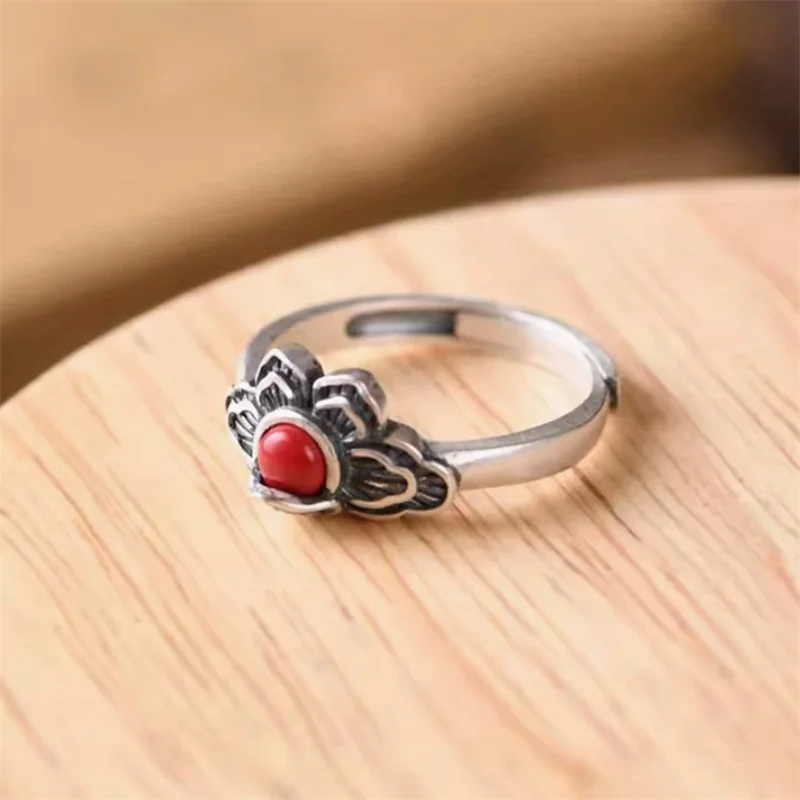 Ethnic Style Jade Lotus Ring For Lady Finger Accessories Ethnic Style Retro Flower Ring Women Jewelry Adjustable