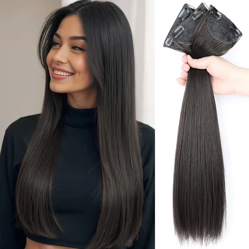24Inch Synthetic 3pcs/set Long Straight Hair Extension Lightweight Black Brown Hair Accessories for Women Daily