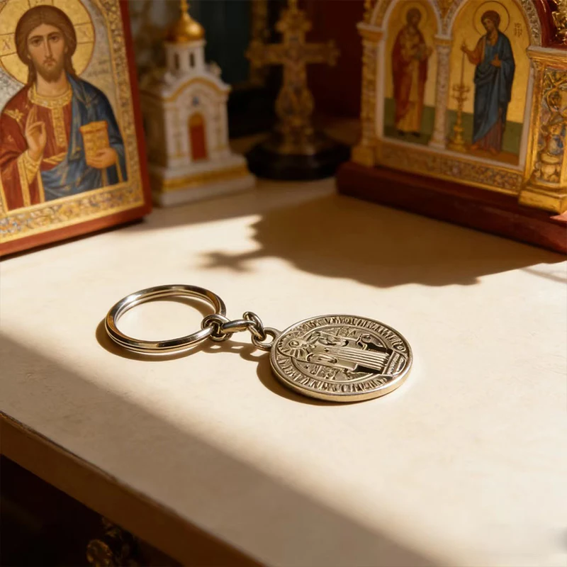 

St Benedict Medal Keychain Blessed Double Sided Stainless Steel Catholic Orthodox Religious Protection Amulet for Car Key Ring