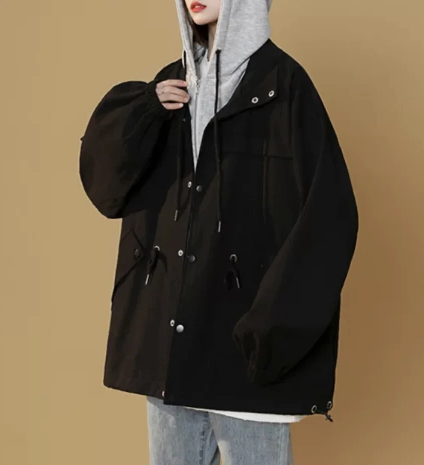 Spliced baseball jacket large size spring and autumn hooded pure cotton Korean version loose street style