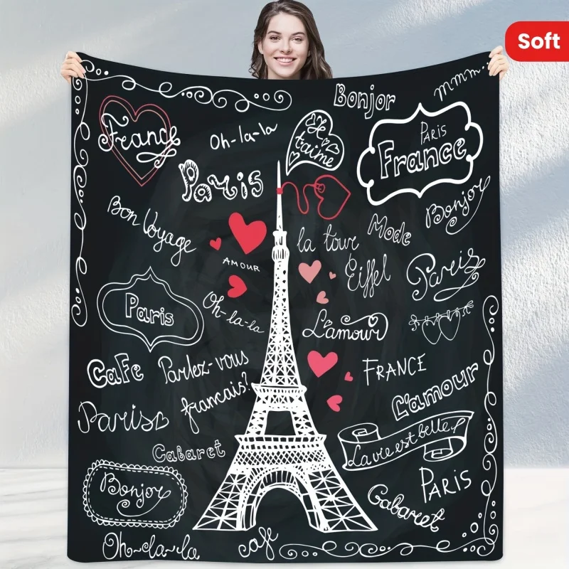 Newest Blanket Paris Eiffel Tower Handwriting Print Flannel Blanket French Style Soft Warm Sofa Throw Blanket