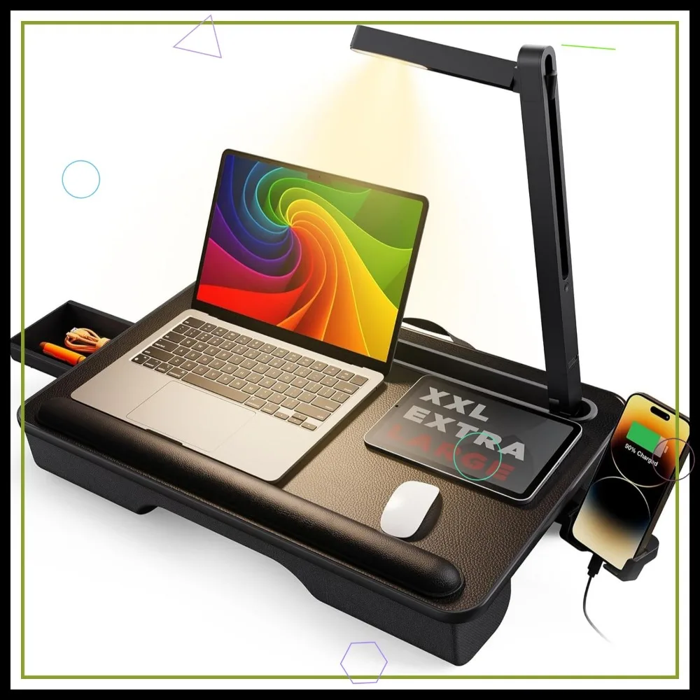 Portable LED Lap Desk with Cushion, Fits 17" Laptops, Adjustable Light & Storage Drawer for Bed/Couch Use