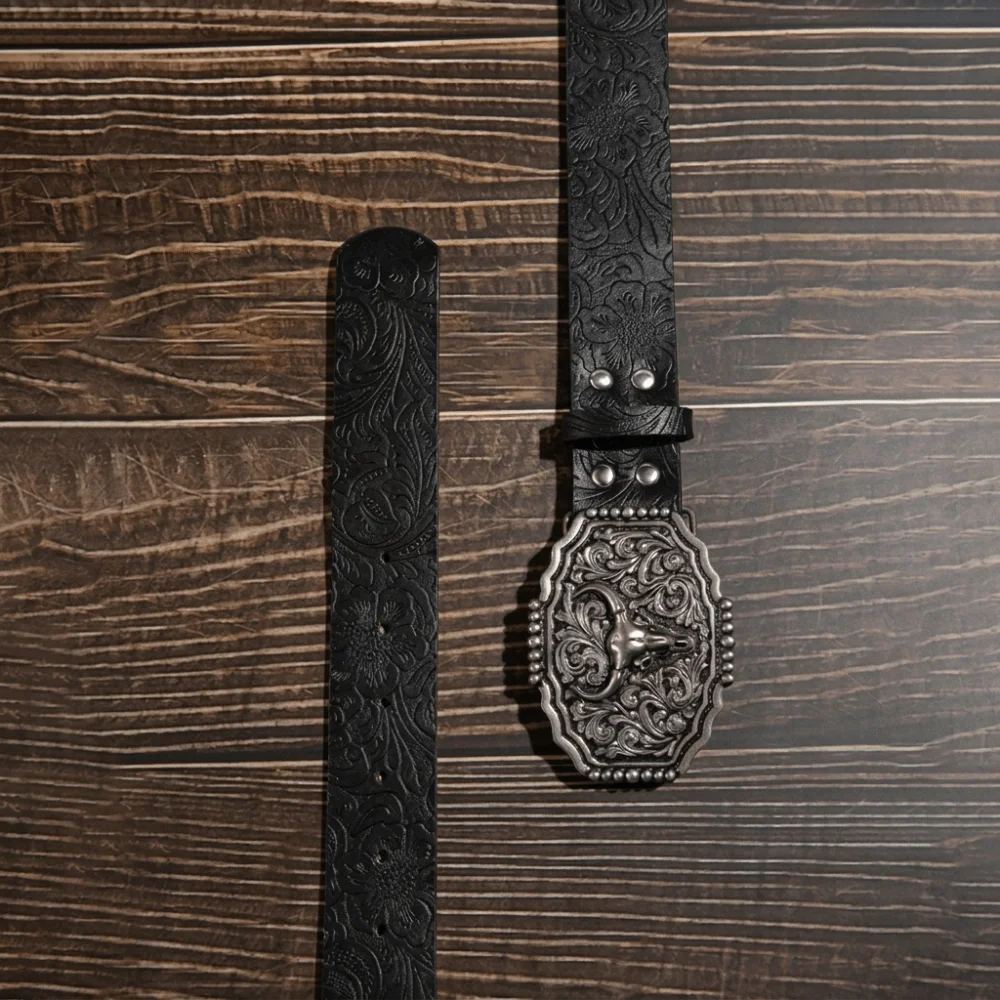Vintage PU Leather Western Cowboy Belt Embossed Luxury Design Bull Buckle Belt Trendy Brand Business Casual Belt for Men